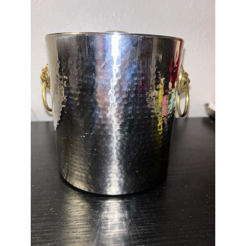 SMALL HAMMERED ICE BUCKET WITH BRASS LIONHEADS